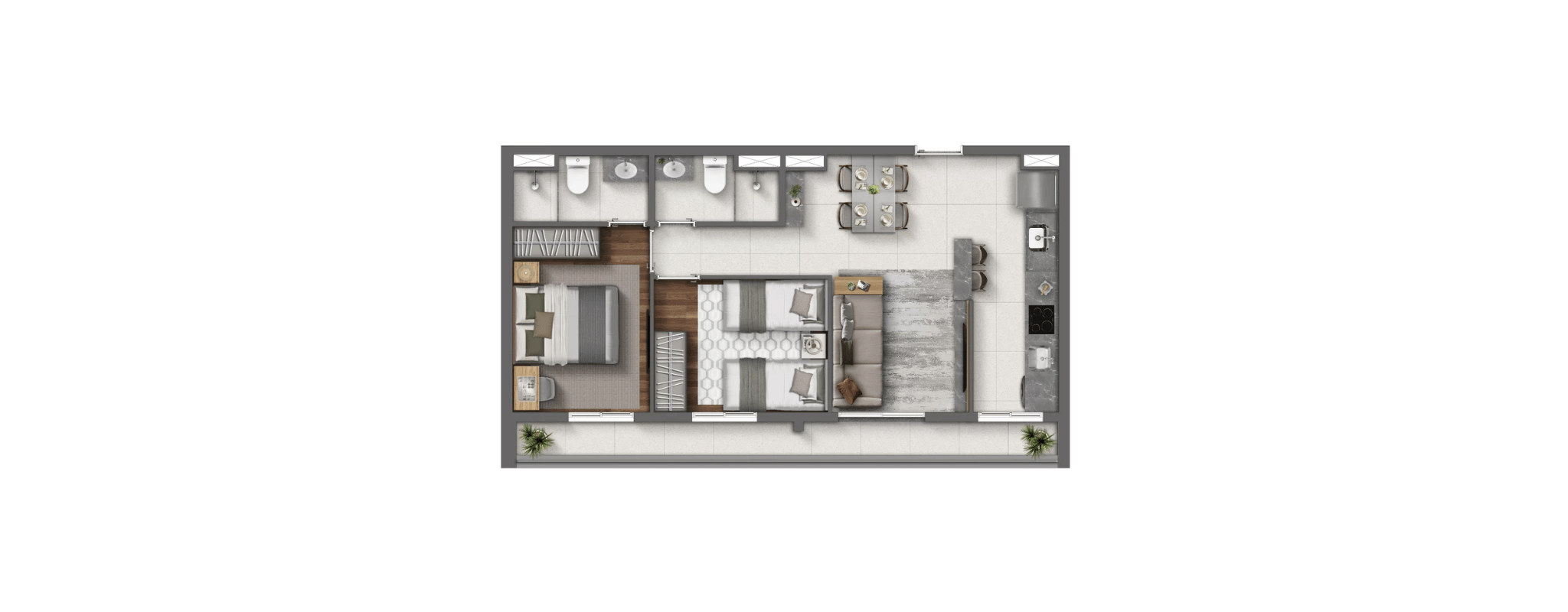 Planta 2 dormitórios suíte 60m² R2V