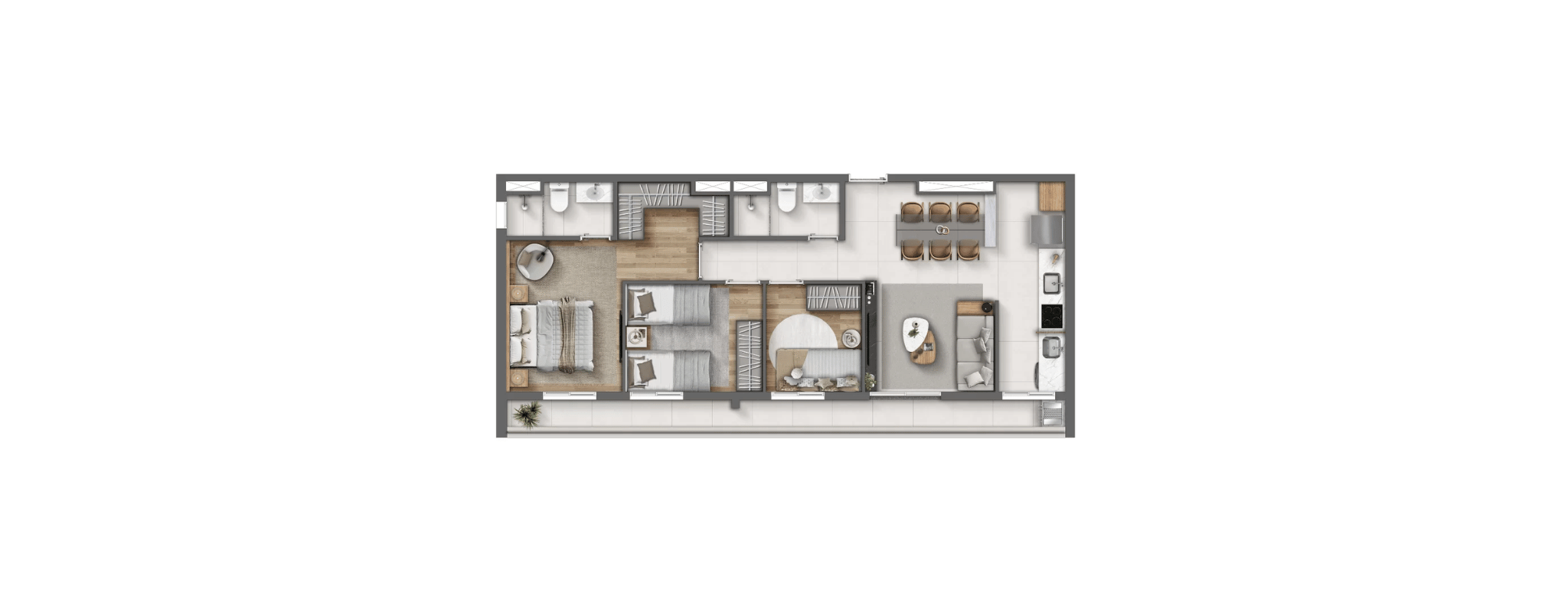 Planta 3 dormitórios suíte 75m² R2V